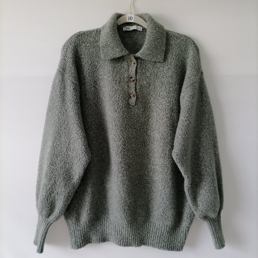 Zara Womens Mint Long Sleeve Collared Button Knitted Pullover Sweater Size S